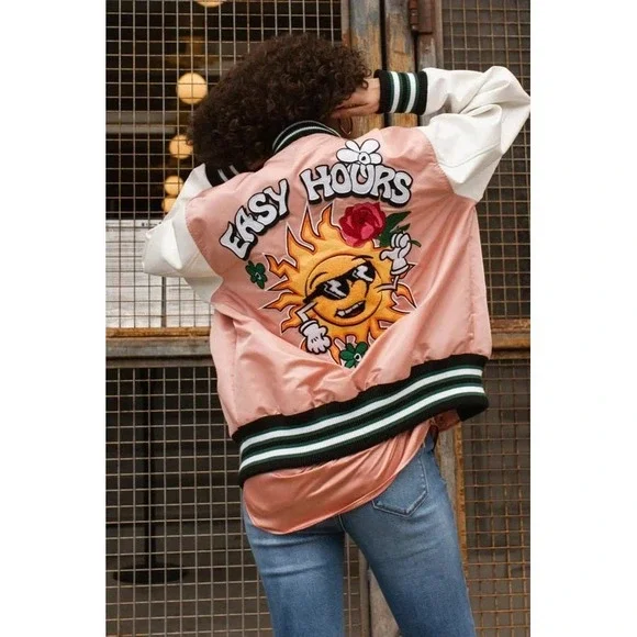 First Row Easy Hours Varsity Letter Contrast Patch Bomber Jacket Snap Pink Small - Picture 12 of 16